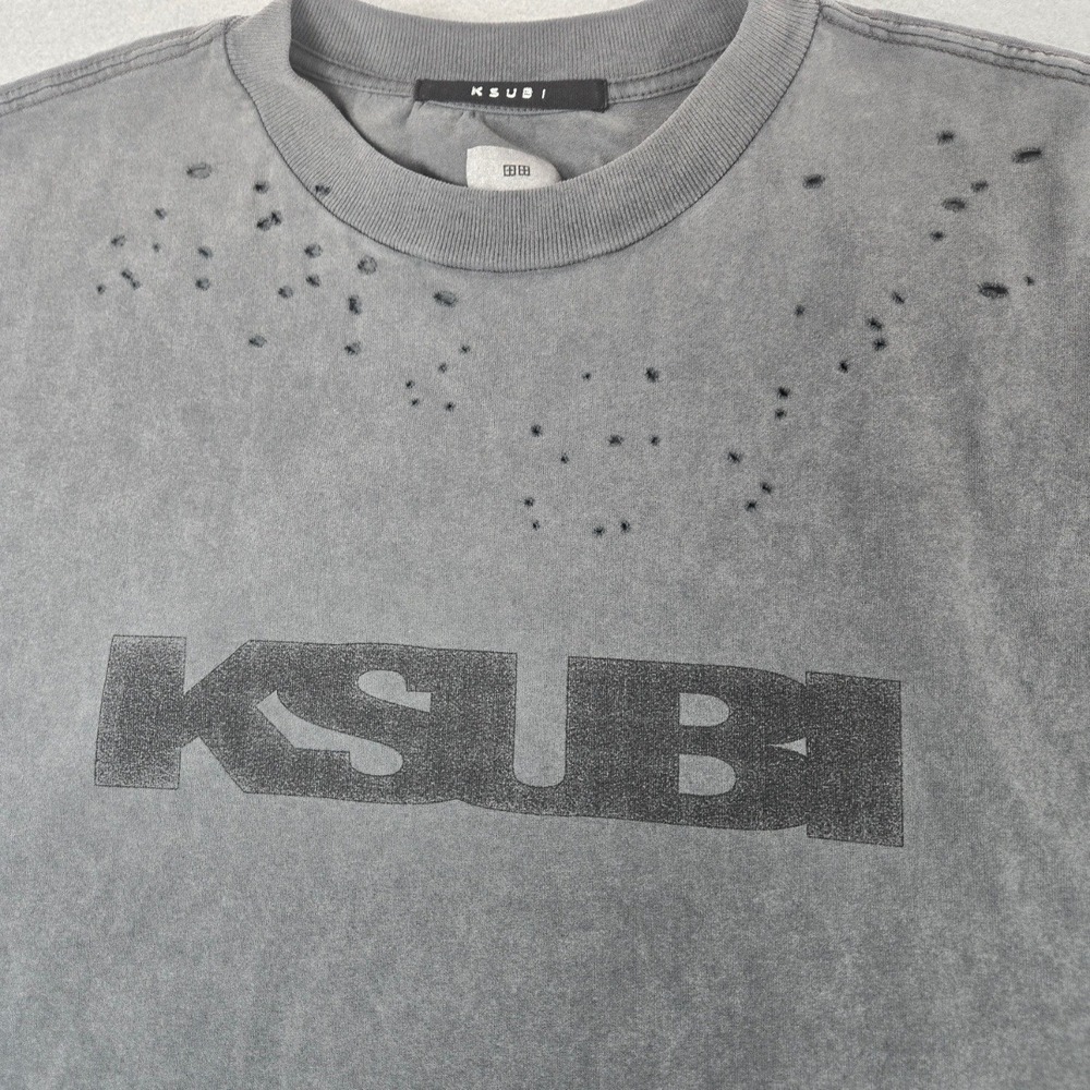 Ksubi T-Shirt Distressed Logo Tee Charcoal Grey Deconstructed Cotton XL - Picture 2 of 15